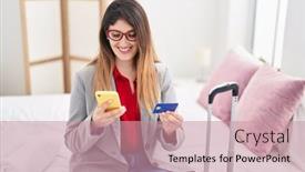  Presentation with business hotel - PPT theme consisting of young-hispanic-woman-business-worker background and a coral colored foreground