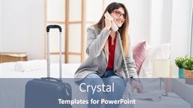  Presentation with hotel business - Slide set having young-hispanic-woman-business-worker background and a  colored foreground