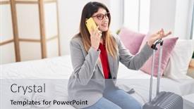  Presentation with hotel business - Presentation design featuring young-hispanic-woman-business-worker background and a  colored foreground