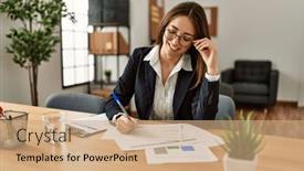  Presentation with paperwork - PPT layouts consisting of young-hispanic-woman-business-worker background and a coral colored foreground