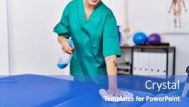  Presentation with cleaning - PPT theme featuring young-hispanic-woman-cleaning-massage background and a cobalt blue colored foreground