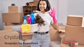  Presentation with friendly - Slides with young-hispanic-woman-cleaning background and a coral colored foreground
