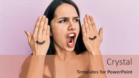  Presentation with eyes - Presentation design having young-hispanic-woman-covering-eyes background and a coral colored foreground