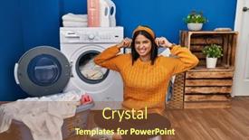  Presentation with laundry - Slide deck with young-hispanic-woman-doing-laundry background and a tawny brown colored foreground