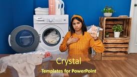  Presentation with hand palm - PPT theme having young-hispanic-woman-doing-laundry background and a tawny brown colored foreground