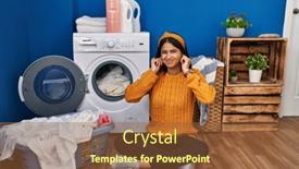  Presentation with laundry - Slides enhanced with young-hispanic-woman-doing-laundry background and a tawny brown colored foreground