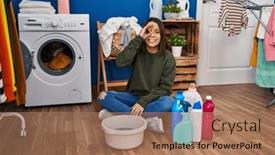  Presentation with hand washing - PPT layouts consisting of young-hispanic-woman-doing-laundry background and a coral colored foreground