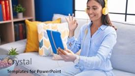  Presentation with friendly - Presentation theme consisting of young-hispanic-woman-doing-video background and a  colored foreground