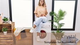 Presentation with laundry room - Theme consisting of young-hispanic-woman-drinking-coffee background and a coral colored foreground
