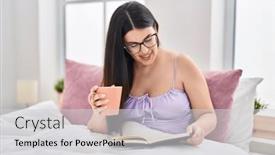  Presentation with coffee book - Slides featuring young-hispanic-woman-drinking-cup background and a light gray colored foreground