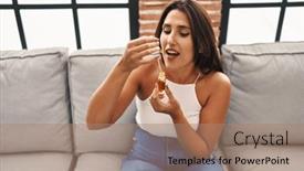  Presentation with syrup - Presentation design with young-hispanic-woman-drinking-syrup background and a coral colored foreground