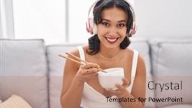  Presentation with asian chopsticks - Theme enhanced with young-hispanic-woman-eating-asian background and a coral colored foreground