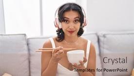  Presentation with simple food - Presentation theme consisting of young-hispanic-woman-eating-asian background and a  colored foreground