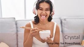  Presentation with asian chopsticks - Slide deck having young-hispanic-woman-eating-asian background and a  colored foreground