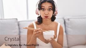  Presentation with asian chopsticks - Slide deck with young-hispanic-woman-eating-asian background and a coral colored foreground