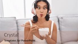  Presentation with asian chopsticks - Presentation theme featuring young-hispanic-woman-eating-asian background and a coral colored foreground