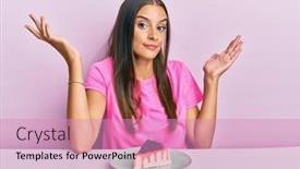  Presentation with cheesecake - Presentation theme with young-hispanic-woman-eating-cheesecake background and a coral colored foreground