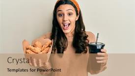  Presentation with soda - Beautiful presentation theme featuring young-hispanic-woman-eating-chicken backdrop and a coral colored foreground