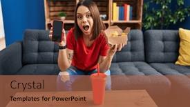  Presentation with fast food - PPT layouts enhanced with young-hispanic-woman-eating-fast background and a red colored foreground