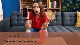  Presentation with fast food - Presentation theme featuring young-hispanic-woman-eating-fast background and a red colored foreground