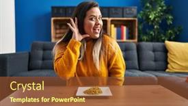  Presentation with listening woman - PPT theme having young-hispanic-woman-eating-green background and a tawny brown colored foreground