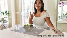  Presentation with healthy eating - PPT theme featuring young-hispanic-woman-eating-healthy background and a soft green colored foreground