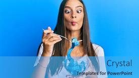  Presentation with loss - Audience pleasing slide deck consisting of young-hispanic-woman-eating-measure backdrop and a teal colored foreground