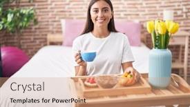  Presentation with pastries - Slide set with young-hispanic-woman-eating-pastries background and a  colored foreground