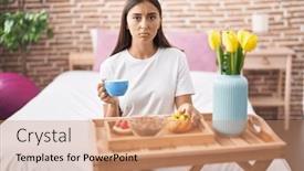  Presentation with pastries - PPT layouts enhanced with young-hispanic-woman-eating-pastries background and a coral colored foreground