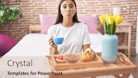  Presentation with pastries - Presentation theme having young-hispanic-woman-eating-pastries background and a coral colored foreground
