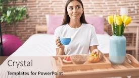  Presentation with pastries - Presentation design enhanced with young-hispanic-woman-eating-pastries background and a  colored foreground