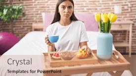  Presentation with pastries - Slide set having young-hispanic-woman-eating-pastries background and a  colored foreground
