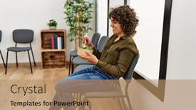  Presentation with waiting room - Slide set having young-hispanic-woman-eating-salad background and a coral colored foreground