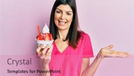  Presentation with strawberry ice cream - Presentation design with young-hispanic-woman-eating-strawberry background and a coral colored foreground