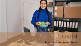  Presentation with ecommerce - Presentation consisting of young-hispanic-woman-ecommerce-business background and a  colored foreground