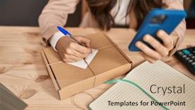  Presentation with ecommerce - Slide deck with young-hispanic-woman-ecommerce-business background and a soft green colored foreground