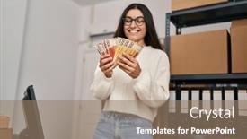  Presentation with ecommerce - PPT theme with young-hispanic-woman-ecommerce-business background and a coral colored foreground