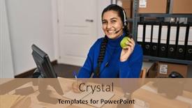  Presentation with call center - Slide set having young-hispanic-woman-ecommerce-call background and a coral colored foreground