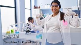  Presentation with baby smile - PPT theme having young-hispanic-woman-expecting background and a light blue colored foreground