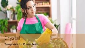  Presentation with young plant - Slide set having young-hispanic-woman-florist-cutting background and a gold colored foreground