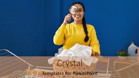  Presentation with laundry room - Presentation consisting of young-hispanic-woman-hanging-clothes background and a coral colored foreground