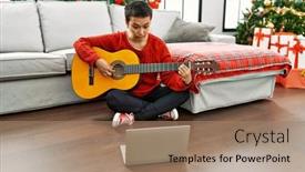  Presentation with guitar class - Presentation theme with young-hispanic-woman-having-online background and a coral colored foreground