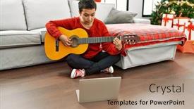  Presentation with guitar class - PPT theme having young-hispanic-woman-having-online background and a coral colored foreground