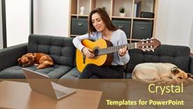  Presentation with guitar class - Presentation theme enhanced with young-hispanic-woman-having-online background and a coral colored foreground