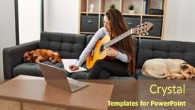  Presentation with guitar class - PPT theme with young-hispanic-woman-having-online background and a tawny brown colored foreground