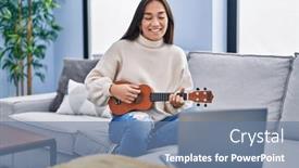  Presentation with ukulele - PPT layouts with young-hispanic-woman-having-online background and a seafoam green colored foreground