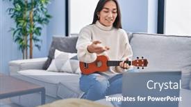  Presentation with ukulele - Presentation theme consisting of young-hispanic-woman-having-online background and a seafoam green colored foreground