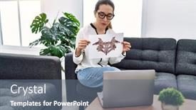  Presentation with psychology - PPT theme with young-hispanic-woman-having-teleconsultation background and a gray colored foreground