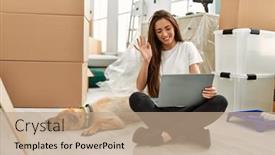  Presentation with new home - Slide set featuring young-hispanic-woman-having-video background and a coral colored foreground