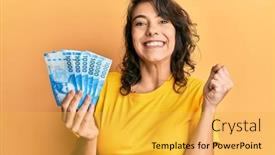  Presentation with chilean - PPT layouts enhanced with young-hispanic-woman-holding-10000 background and a yellow colored foreground